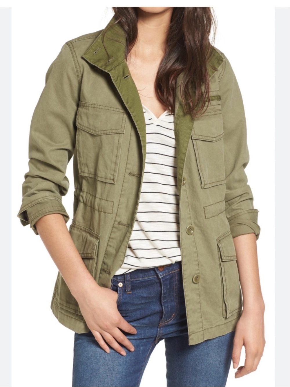 olive green Madewell Catskills military jacket with multiple pockets